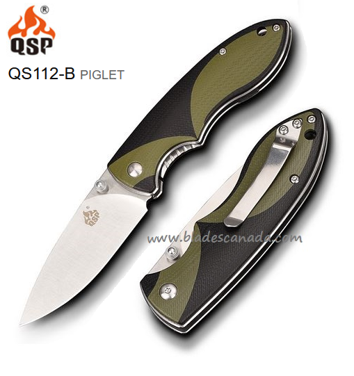 QSP Piglet Folding Knife, 14C28N Sandvik, G10 Green/Black, QS112-B